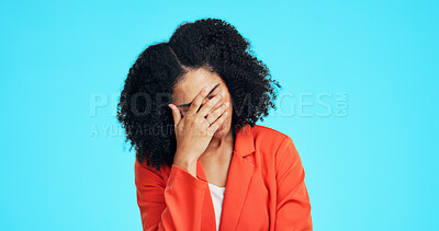 Buy stock photo Businesswoman, stress and disappointed in studio with problem, financial crisis and thinking of fail. Space, person and upset with work challenge, debt risk and job difficulty on blue background.