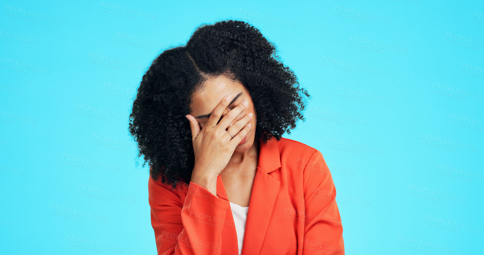 Buy stock photo Businesswoman, stress and disappointed in studio with problem, financial crisis and thinking of fail. Space, person and upset with work challenge, debt risk and job difficulty on blue background.