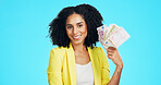 Portrait, woman and fan in studio with money, lottery prize winner and happy for financial wealth. Space, person and giveaway win with euro cash, savings and competition reward on blue background.