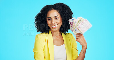 Buy stock photo Portrait, woman and fan in studio with money, lottery prize winner and happy for financial wealth. Space, person and giveaway win with euro cash, savings and competition reward on blue background.