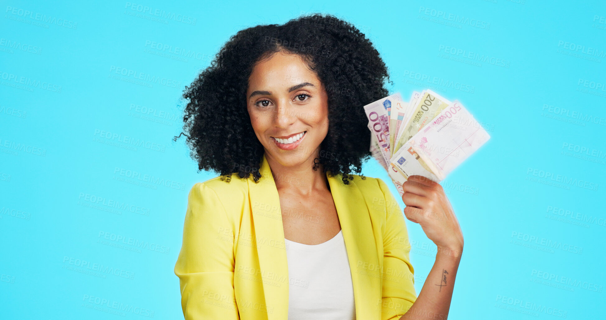 Buy stock photo Portrait, woman and fan in studio with money, lottery prize winner and happy for financial wealth. Space, person and giveaway win with euro cash, savings and competition reward on blue background.