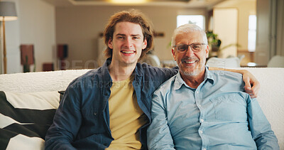 Buy stock photo Senior father, son and portrait on sofa with love, hug and happy for bonding together in home. Family, relaxed and man with elderly dad for support, connection and happiness on weekend or holiday