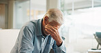 Sad, crying and senior man in home on weekend with loneliness, grief or mourning in living room. Emotion, upset and elderly male person with depression for nostalgia, loss or bad news in house.