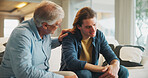 Comfort, conversation and man with senior father on sofa in home with bad news, unemployment or debt. Talking, care and male person with elderly dad for support with job loss or financial crisis.