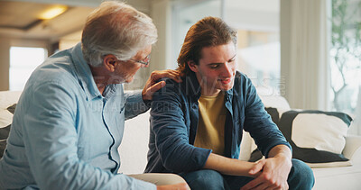 Buy stock photo Comfort, conversation and man with senior father on sofa in home with bad news, unemployment or debt. Talking, care and male person with elderly dad for support with job loss or financial crisis.