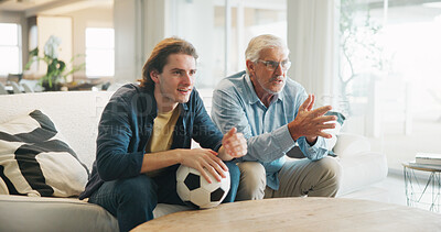 Buy stock photo Couch, man and senior father watching tv, sports competition and soccer match for weekend bonding. Live streaming, football fans and people with tournament broadcast for connection, home or attention