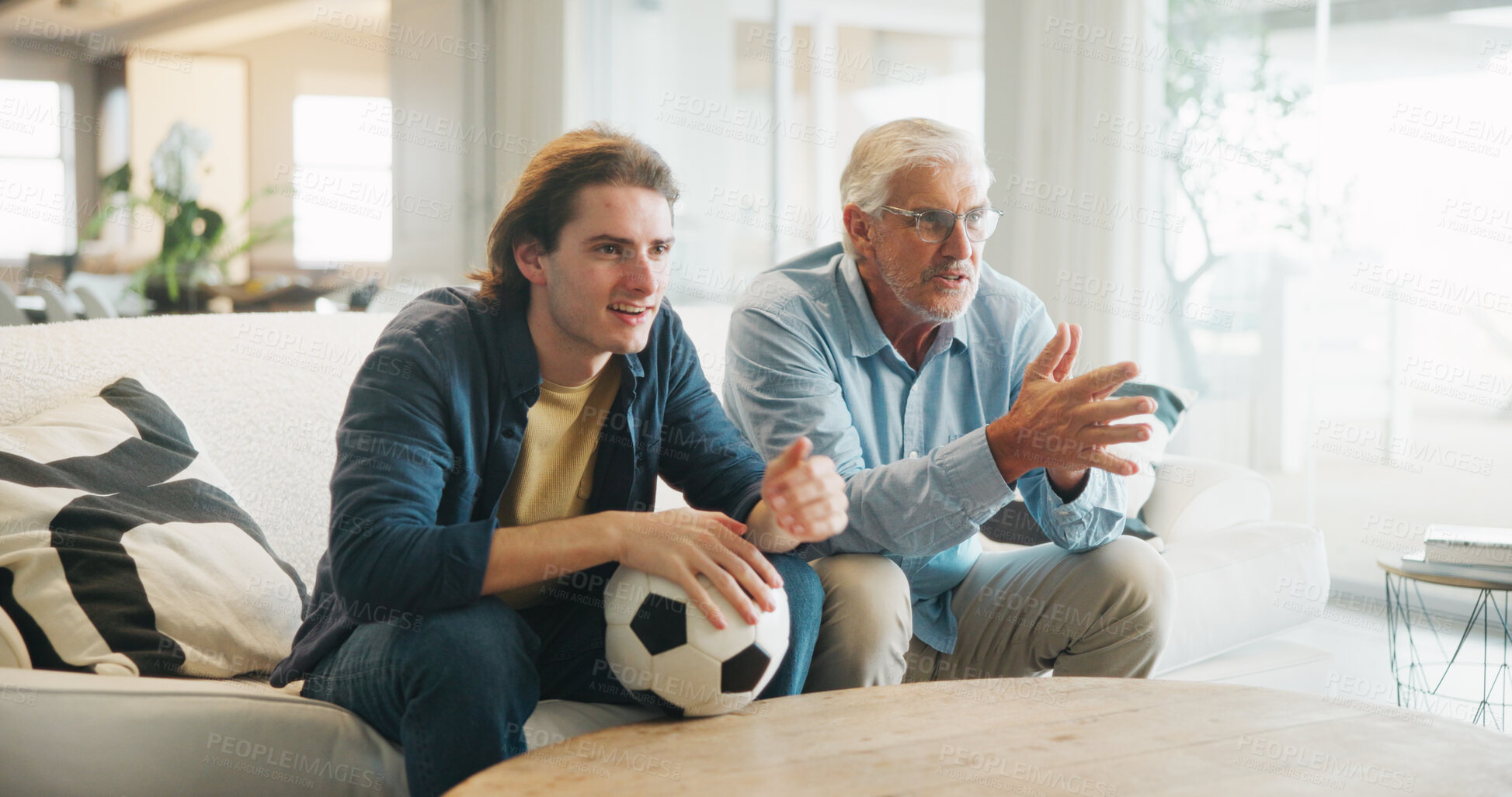 Buy stock photo Couch, man and senior father watching tv, sports competition and soccer match for weekend bonding. Live streaming, football fans and people with tournament broadcast for connection, home or attention
