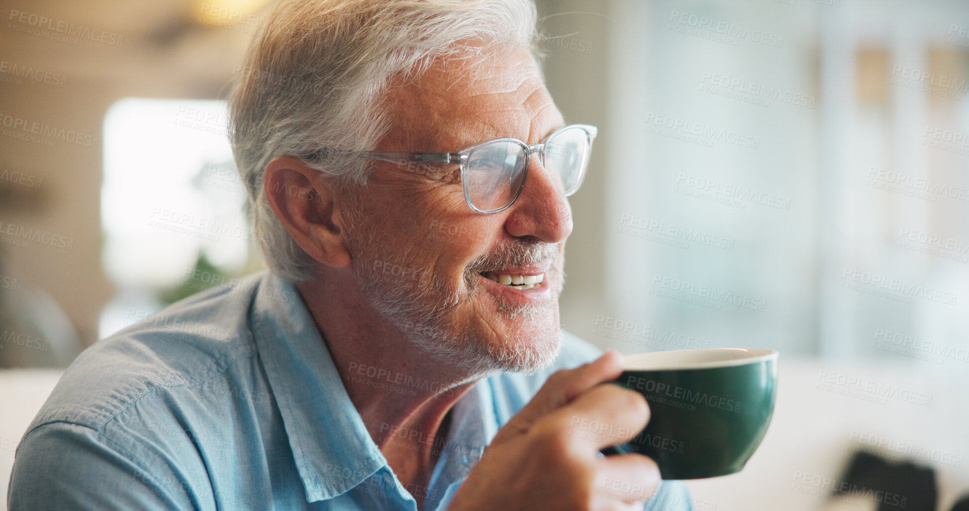 Buy stock photo Thinking, old man and drink coffee in home with smile, relax and nostalgia with retirement in morning. Thoughts, living room and senior person with beverage, perspective or remember memory with peace