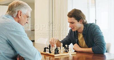 Buy stock photo Elderly father, son and chess in house with strategy, solution or problem solving in contest for weekend. Family, boardgame and bonding with competition for thinking, knowledge or challenge in home
