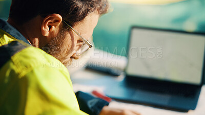 Buy stock photo Architect, online and man with laptop in construction site, research and property development on web. Civil engineer, reading and person with technology for architecture project and quality assurance
