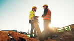 People, engineer and team talking for construction, building development and infrastructure. Space, men and discussion for civil engineering, safety inspection and feedback for property maintenance
