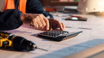 Buy stock photo Architect, blueprint and hands with calculator in construction site, design and property development. Civil engineer, calculation and person with tech for architecture project and quality assurance