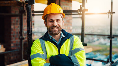 Buy stock photo Portrait, smile and man with arms crossed, construction site and quality control for urban development. Happy, person and employee in city, architecture and pride for renovation and helmet in Canada