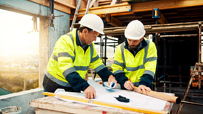 Buy stock photo Architect, men and strategy with blueprint on site for design vision, building layout or renovation. Construction, team or meeting with floor plan outdoor for structural review, upgrade or compliance