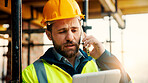 Man, architect or phone call with tablet for construction safety, maintenance or security on site. Male person, contractor or civil engineer with technoloy, hard hat or smartphone for building plan