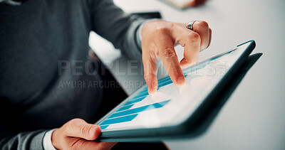 Buy stock photo Tablet screen, statistics and hands of businessman in office with finance report for investment growth. Digital technology, graphs and male financial manager with online charts for company revenue.