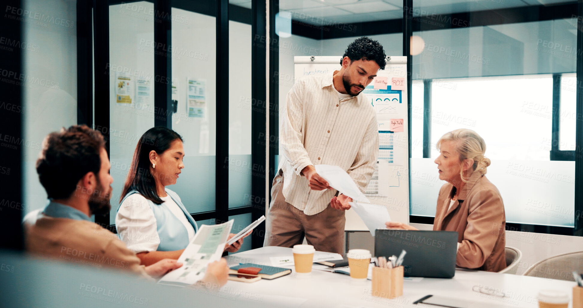 Buy stock photo Finance, presentation or team in workplace with paper, budget analysis or brief on funding strategy. Meeting, people or data analyst with speaker, metric review or forecast plan in investment pitch.