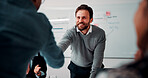 Handshake, meeting and business people in office with deal, agreement or finance negotiation. Happy, discussion and financial advisor shaking hands with investor for investment contract in workplace.