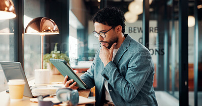 Buy stock photo Technology, thinking and business man in cafe for remote work with proposal, online report and ideas. Restaurant, insight and person on tablet for financial review, investment solution and planning