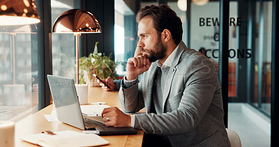 Buy stock photo Laptop, thinking and businessman by cafe window for investment solution, planning and finance. Restaurant, reflection and person on computer for financial review, problem solving and budget decision