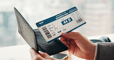 Buy stock photo Travel, ticket and hands of businessman in airport with flight info for international convention. Closeup, lounge and person with boarding pass, luggage and paper for journey, departure and work trip