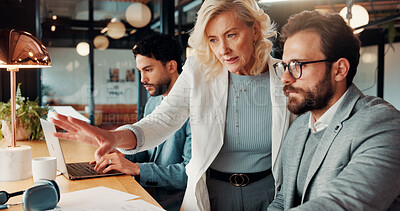 Buy stock photo Discussion, laptop and business people in office with research for finance report with budget. Conversation, computer and financial advisor with manager for feedback on investment profit in workplace