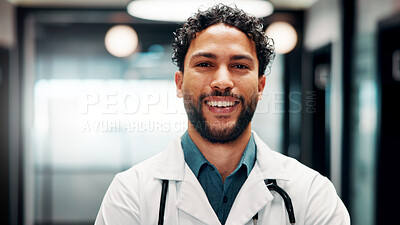 Buy stock photo Happy, man and portrait of doctor in hospital with confidence for career in medical service. Smile, professional and male healthcare worker with pride and positive attitude for about us at clinic.