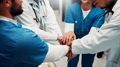 Buy stock photo Teamwork, hospital and doctors with hands stack for collaboration, support and solidarity. Healthcare, clinic and people in huddle for union, synergy and achievement for medical service together