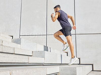 Buy stock photo Athlete, man and running on stairs outdoor for HIIT workout, fitness challenge and endurance. Active, runner or cardio training on steps for athletic performance, exercise routine or burning calories