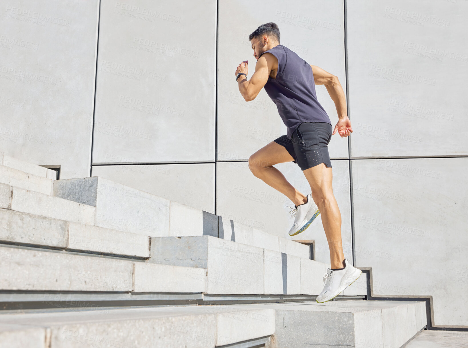 Buy stock photo Athlete, man and running on stairs outdoor for HIIT workout, fitness challenge and endurance. Active, runner or cardio training on steps for athletic performance, exercise routine or burning calories