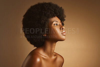 Buy stock photo Black woman, afro and thinking for hairstyle in studio with space, wellness or glow on background. African person, hair care and natural cosmetics with beauty, inspiration or skincare with reflection