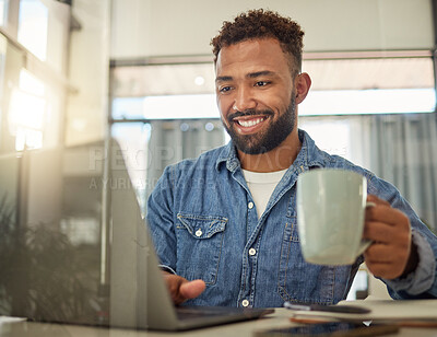 Buy stock photo Man, remote work and coffee with laptop at house for research, proofreading and grammar. Smile, freelancer and beverage with pc for editing article, draft update and copywriting report of publication