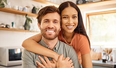 Buy stock photo Portrait, hug and interracial couple in home with love, bonding together and connection on weekend. People, dating and smile in house with embrace, healthy relationship and loyalty for commitment.
