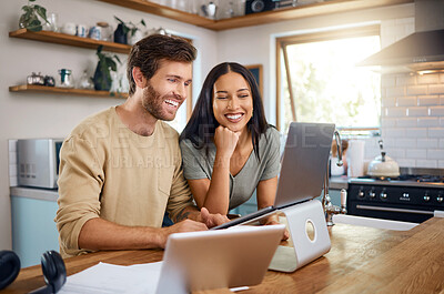 Buy stock photo Smile, couple and reading with laptop in kitchen for research, finance report and banking. Happy, people and payment with pc for mortgage, household budget and investment for savings account in home