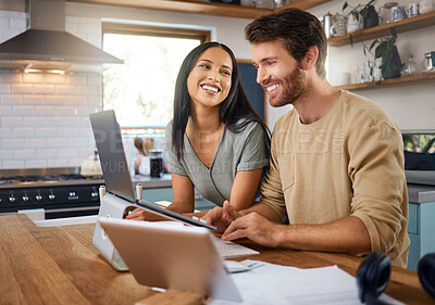 Buy stock photo Smile, couple and typing with laptop in kitchen for research, finance report and banking. Happy, people and payment with tech for mortgage, household budget and investment for savings account in home