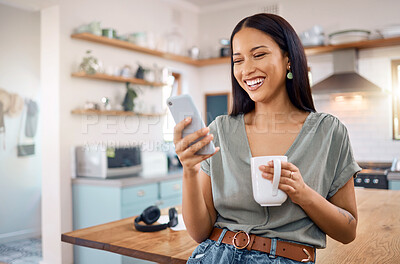 Buy stock photo Phone, coffee and funny woman in kitchen for social media, text app or reading message with smile. Laugh, drink and person in home with mobile for online post, communication and meme on internet