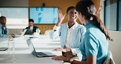 Buy stock photo Excited, people and high five in office with laptop, success and data analysis for revenue growth. Manager, women and collaboration in business with computer, stats goals and celebration for income.