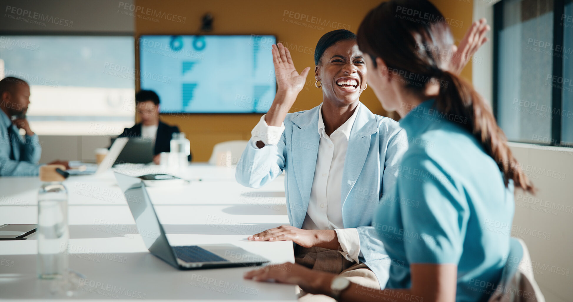 Buy stock photo Excited, people and high five in office with laptop, success and data analysis for revenue growth. Manager, women and collaboration in business with computer, stats goals and celebration for income.