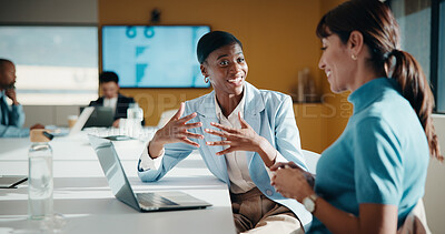 Buy stock photo Finance, manager or team in office with laptop, director feedback or advice on investment project. Women, guidance or stats analyst with smile, budget meeting or mentor insight on revenue report.