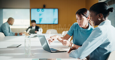 Buy stock photo Business, mentor or team in firm with laptop, feedback or advice on investment project. Collaboration, people or finance analyst with tech, budget meeting or manager insight on revenue report.