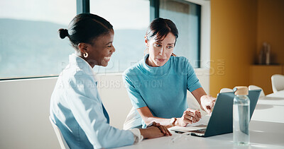 Buy stock photo Business, mentor or team in agency with laptop, feedback or advice on investment project. Collaboration, women or finance advisor with tech, budget meeting or manager insight on revenue report.