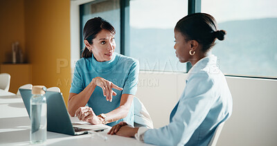 Buy stock photo Business, manager or team in office with laptop, pitch review or mentor insight for revenue report. Women, director or financial clerk with tech, project support or feedback on investment proposal.