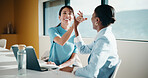Happy, people and high five in office with laptop, mentorship success or brand management internship. Manager, team or public relations intern in business with computer, training goals or celebration