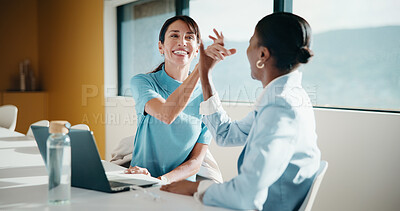 Buy stock photo Happy, people and high five in office with laptop, mentorship success or brand management internship. Manager, team or public relations intern in business with computer, training goals or celebration