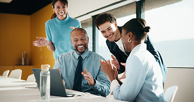 Buy stock photo People, applause and review in office with laptop, investment opportunity or meeting for business deal. Team, clap and celebration in workplace with computer, collaboration success and funding offer.