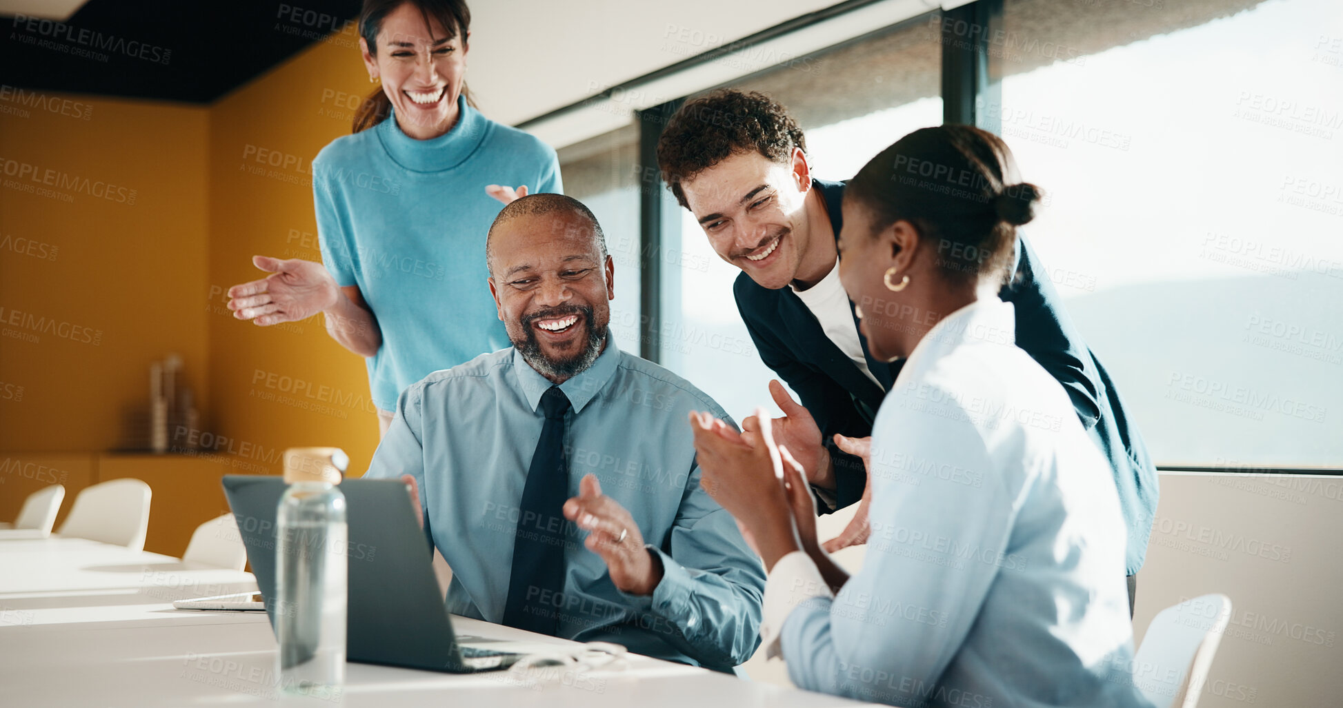Buy stock photo People, applause and review in office with laptop, investment opportunity or meeting for business deal. Team, clap and celebration in workplace with computer, collaboration success and funding offer.