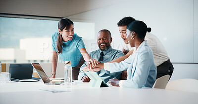 Buy stock photo Laptop, meeting and business people with stack of hands in office for achievement of finance report. Tech, discussion and financial advisors with manager with celebration for investment proposal.