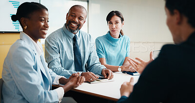 Buy stock photo Meeting, smile and business people with congratulations in office for funding approval and success. Partnership, project management and happy with employee team in boardroom for promotion and support