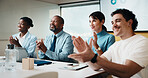 Applause, team and business people with smile at workshop, recognition and positive panel feedback. Well done, happy and staff with clapping for presentation, proposal support and celebrate in office
