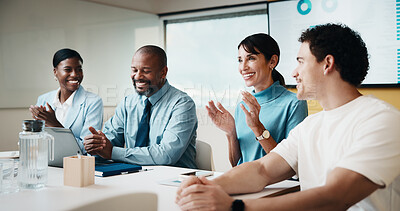 Buy stock photo Meeting, applause and business people in office with success, data analysis and charts for profit. Happy, team clap and celebration in workplace with stats goals, collaboration and revenue increase.